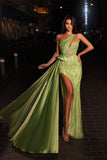 Elegant Long Mermaid One Shoulder Lace Sleeveless Prom Dress With Slit