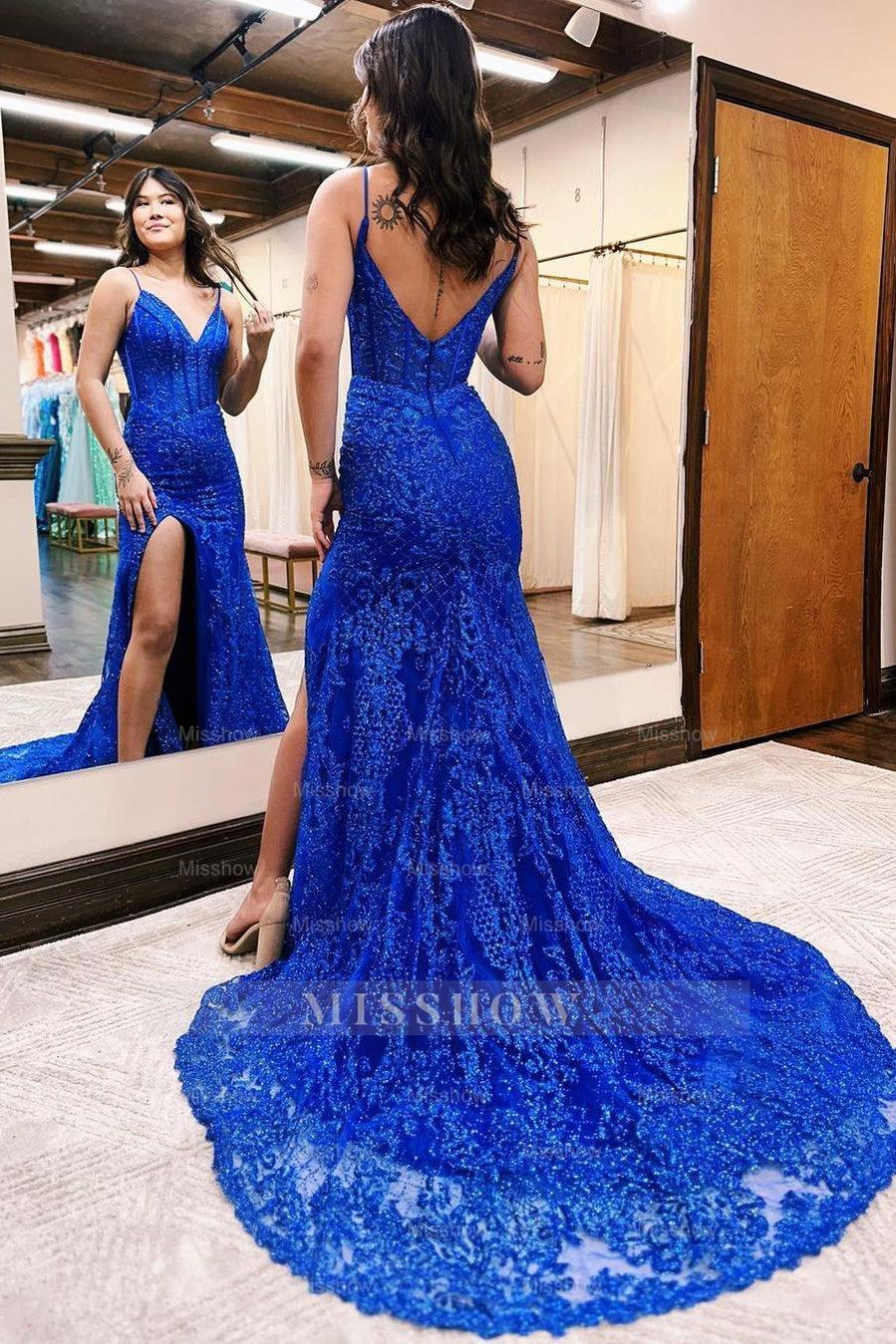 Elegant Long Mermaid Royal Blue V-neck Sleeveless Lace Prom Dress With Slit Elegant Long Mermaid Royal Blue V-neck Sleeveless Lace Prom Dress With Slit
