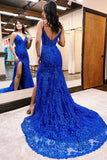 Elegant Long Mermaid Royal Blue V-neck Sleeveless Lace Prom Dress With Slit-misshow.com