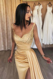 Elegant Long Mermaid Spaghetti Straps Sequined Sleeveless Prom Dress With Slit-misshow.com