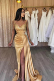 Elegant Long Mermaid Spaghetti Straps Sequined Sleeveless Prom Dress With Slit-misshow.com