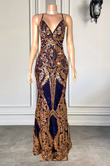 Elegant Long Mermaid Spaghetti Straps V-neck Lace Sleeveless Prom Dress-misshow.com