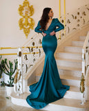 Elegant Long Mermaid V-neck Beading Prom Dress With Long Sleeves-misshow.com