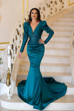 Elegant Long Mermaid V-neck Beading Prom Dress With Long Sleeves-misshow.com