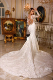 Elegant Long Mermaid V-neck Lace Wedding Dresses With Long Sleeves-misshow.com