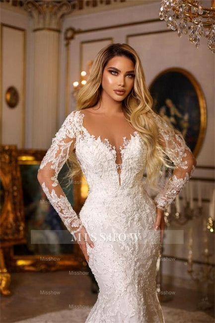 Elegant Long Mermaid V-neck Tulle Lace Wedding Dress with Sleeves main image 1