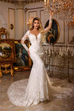 Elegant Long Mermaid V-neck Lace Wedding Dresses With Long Sleeves