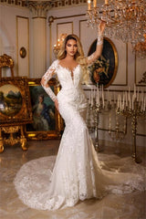 Elegant Long Mermaid V-neck Lace Wedding Dresses With Long Sleeves-misshow.com