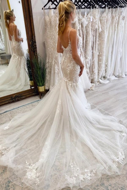 Elegant Long Mermaid V-neck Sleeveless Wedding Dresses With Lace-misshow.com
