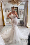 Elegant Long Mermaid V-neck Sleeveless Wedding Dresses With Lace-misshow.com