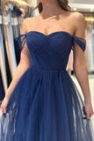 Elegant Long Navy Blue Off-the-shoulder A-line Sleeveless Prom Dresses-misshow.com