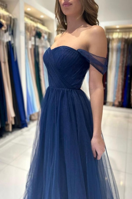 Elegant Long Navy Blue Off-the-shoulder A-line Sleeveless Prom Dresses-misshow.com