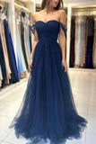 Elegant Long Navy Blue Off-the-shoulder A-line Sleeveless Prom Dresses