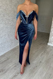 Elegant Long Navy Off-the-shoulder Column Ankle Length Prom Dress With Slit