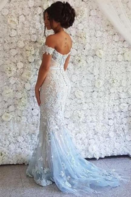 Elegant Long Off-the-shoulder Lace Mermaid Prom Dresses with Glitter-misshow.com
