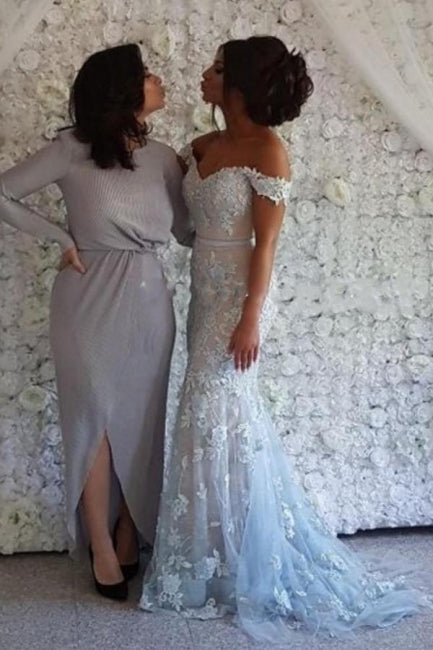 Elegant Long Off-the-shoulder Lace Mermaid Prom Dresses with Glitter-misshow.com