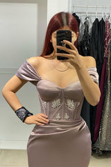 Elegant Long Off-The-Shoulder Satin Mermaid Prom Dress With Rhinestone-misshow.com