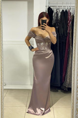 Elegant Long Off-The-Shoulder Satin Mermaid Prom Dress With Rhinestone-misshow.com