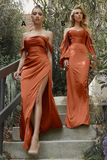 Elegant Long Off-the-shoulder Satin Split Simple Bridesmaid Dress-misshow.com
