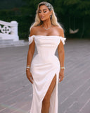 Elegant Long Off-the-shoulder Satin Wedding Dress With Slit-misshow.com