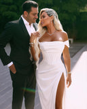 Elegant Long Off-the-shoulder Satin Wedding Dress With Slit-misshow.com