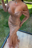 Elegant Long Off-the-shoulder Sequined Mermaid Evening Dresses With Long Sleeves-misshow.com