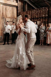 Elegant Long Off-the-Shoulder Tulle Floral Lace Wedding Dress-misshow.com