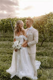 Elegant Long Off-the-Shoulder Tulle Floral Lace Wedding Dress-misshow.com