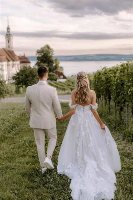 Elegant Long Off-the-Shoulder Tulle Floral Lace Wedding Dress-misshow.com
