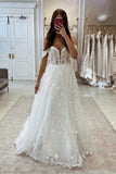 Elegant Long Off-the-shoulder V-neck Sleeveless Wedding Dress With Lace-misshow.com