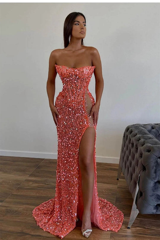 Vintage Mermaid Floor Length Sleeveless Pink Slit Prom Dress P1197 main image 0