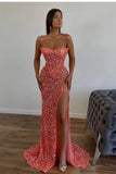 Elegant Long Pink Sexy Strapless Sleeveless Mermaid Prom dresses With Rhinestone