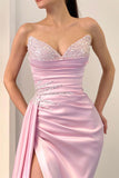 Elegant Long Pink Sleeveless Front Split Satin Prom Dress With Beading-misshow.com