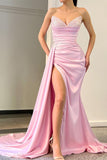 Elegant Long Pink Sleeveless Front Split Satin Prom Dress With Beading