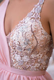 Elegant Long Pink V-Neck A-line Glitter Sleeveless Evening Dresses With Slit-misshow.com