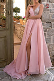Elegant Long Pink V-Neck A-line Glitter Sleeveless Evening Dresses With Slit