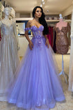 Elegant Long Purple A-line Off-the-shoulder Sleeveless Prom Dress With Lace-misshow.com