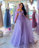 Elegant Long Purple A-line Off-the-shoulder Sleeveless Prom Dress With Lace-misshow.com