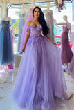 Elegant Long Purple A-line Off-the-shoulder Sleeveless Prom Dress With Lace