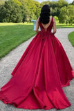 Elegant Long Red A-line Sleeveless Satin Weeding Dress With Lace-misshow.com
