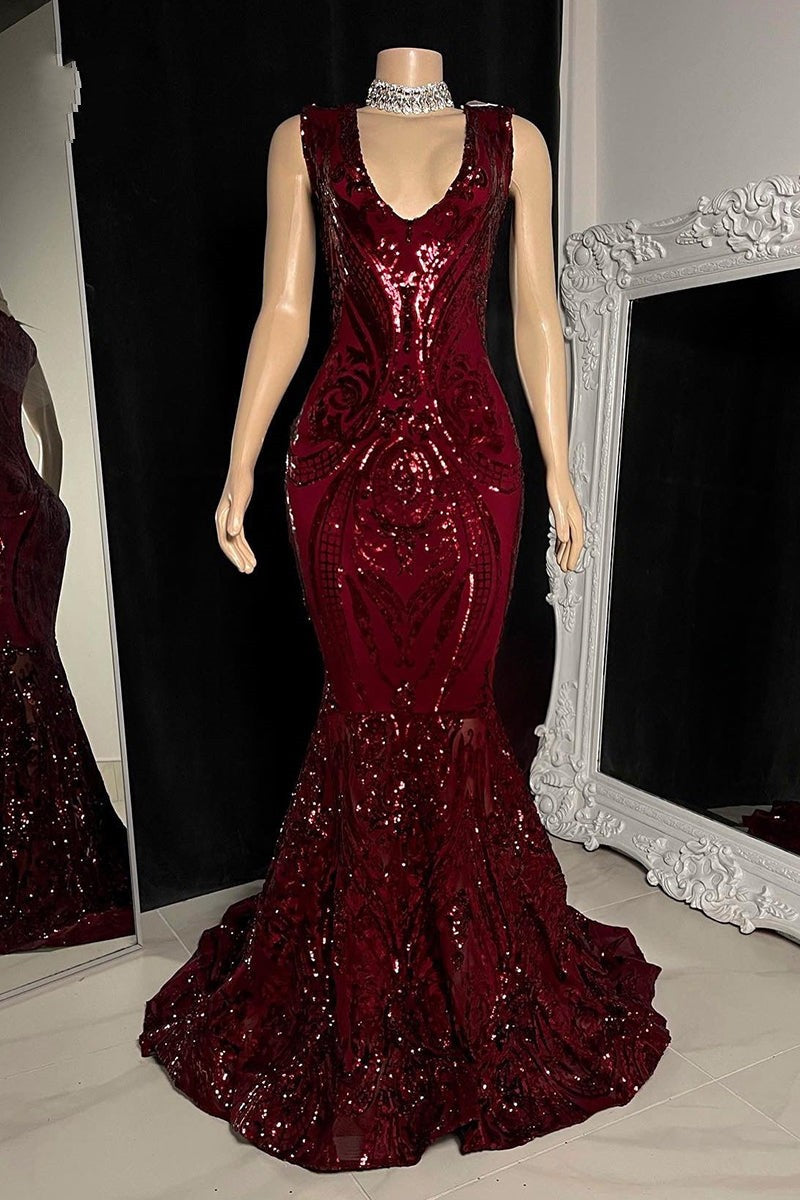 Elegant Long Red Mermaid Sleeveless Prom Dress With Lace-misshow.com