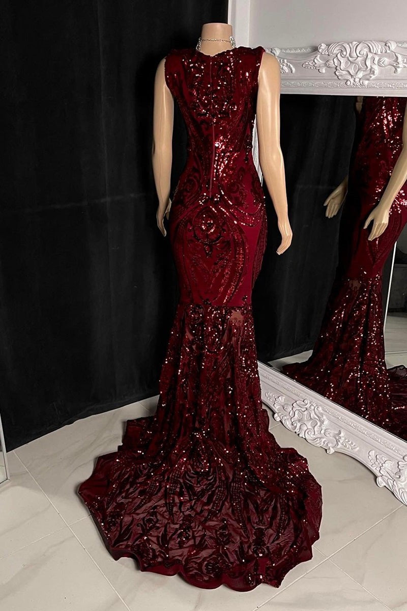 Elegant Long Red Mermaid Sleeveless Prom Dress With Lace-misshow.com