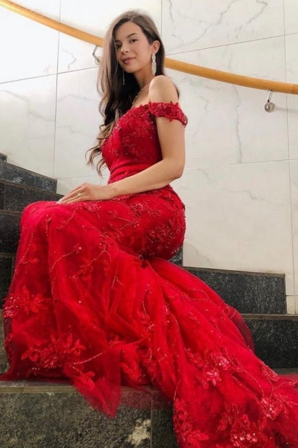 Elegant Long Red Off-the-shoulder Mermaid Prom Evening Dresses with Glitter-misshow.com