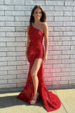 Elegant Long Red One Shoulder Evening Dresses Glitter Lace Prom Dresses With Slit