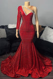 Elegant Long Red One Shoulder V-neck Sequined Prom Dress With Long Sleeve