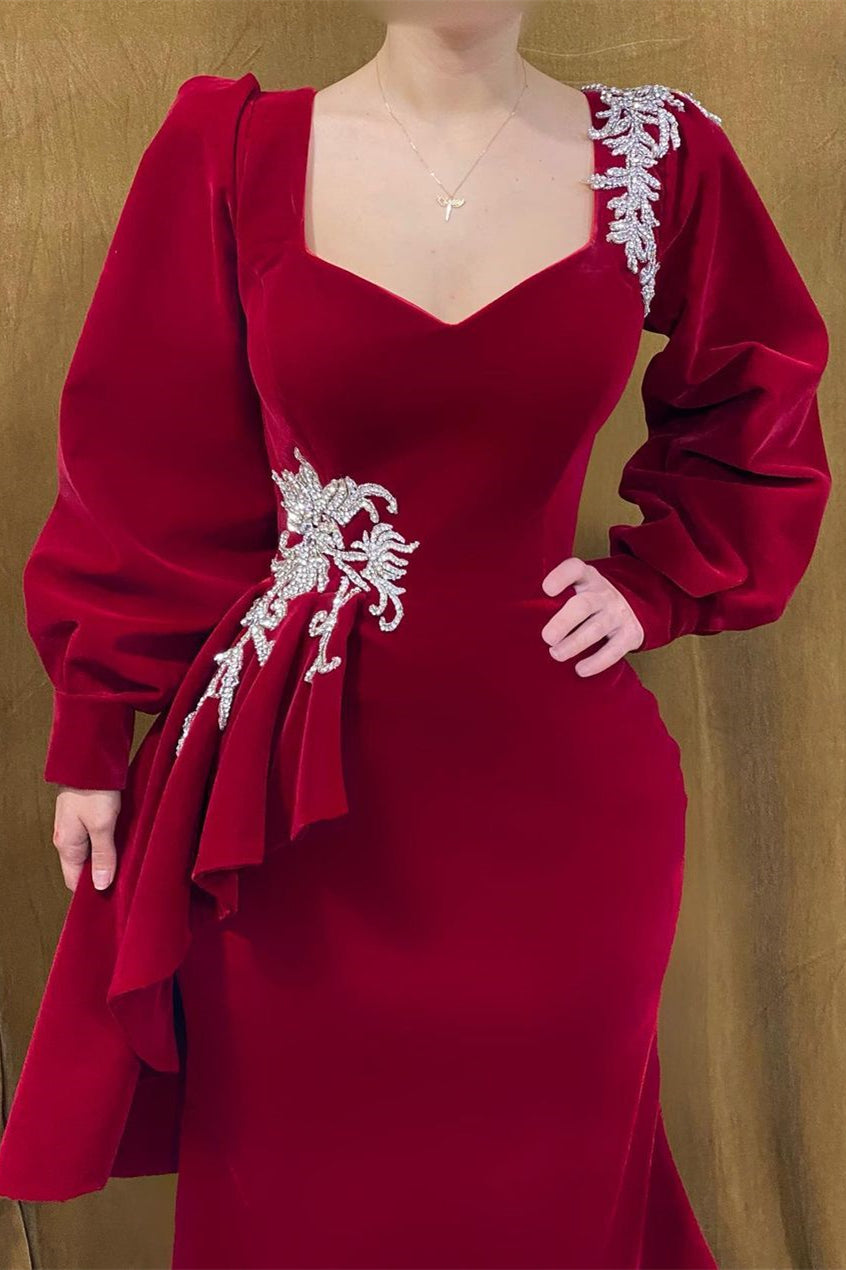 Elegant Long Red Velvet Beading Mermaid Prom Dress With Long Sleeves-misshow.com