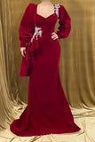 Elegant Long Red Velvet Beading Mermaid Prom Dress With Long Sleeves-misshow.com