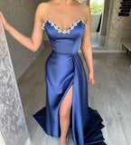 Elegant Long Royal Blue A-line Sleeveless Prom Dress With Slit-misshow.com