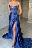 Elegant Long Royal Blue A-line Sleeveless Prom Dress With Slit