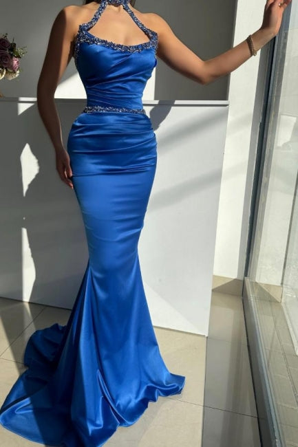 Elegant Long Royal Blue Halter Beading Sleeveless Mermaid Prom Dresses-misshow.com